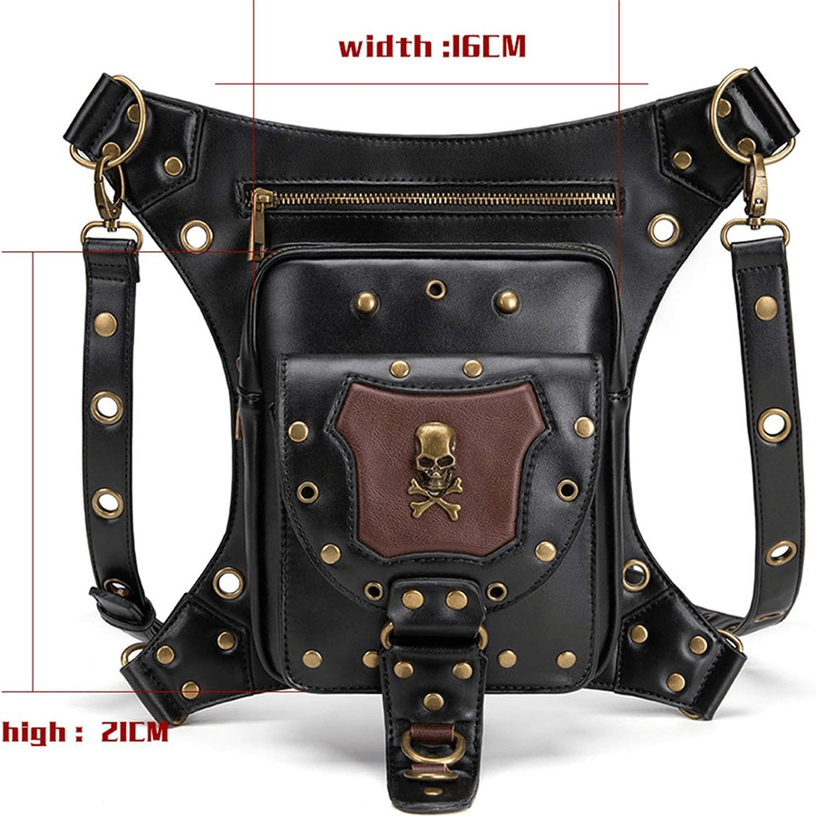 Motorcycle Belt Bag / Steampunk Shoulder Messenger Bag with Skull