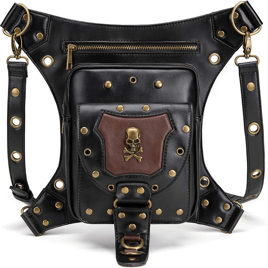Motorcycle Belt Bag / Steampunk Shoulder Messenger Bag with Skull