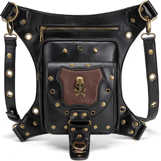 Motorcycle Belt Bag / Steampunk Shoulder Messenger Bag with Skull