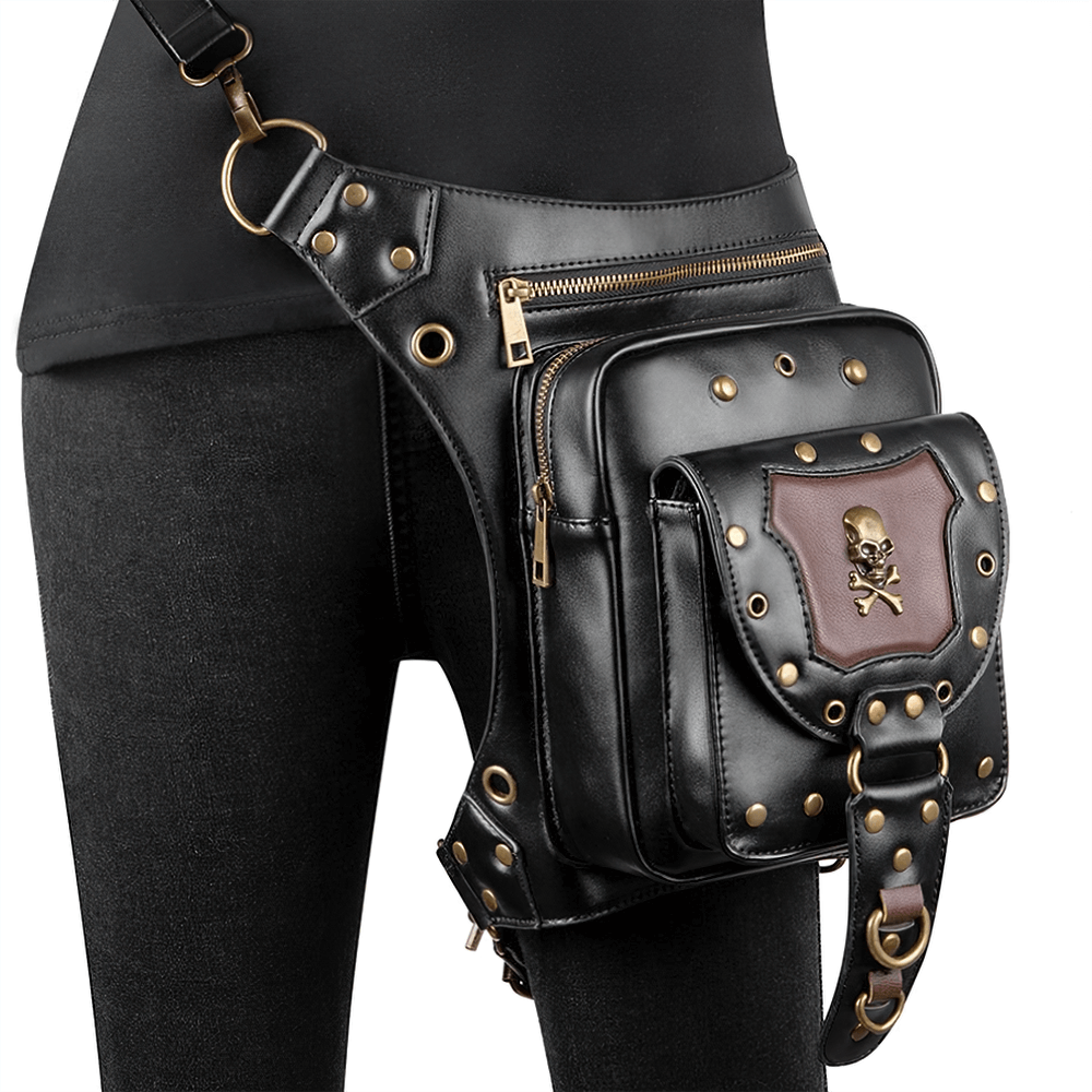 Motorcycle Belt Bag / Steampunk Shoulder Messenger Bag with Skull