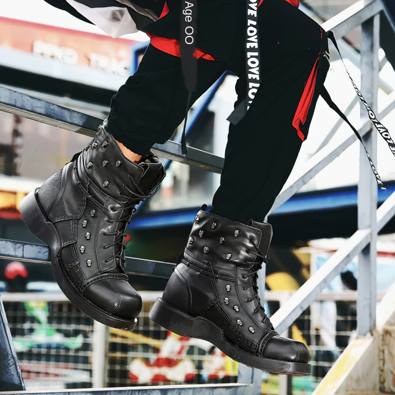 Motorcycle Men's Genuine Leather Boots / Military Combat Boots with Gothic Skulls