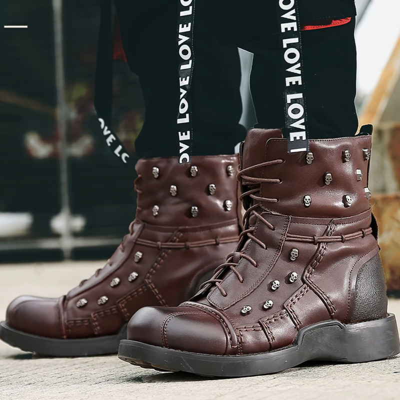 Motorcycle Men's Genuine Leather Boots / Military Combat Boots with Gothic Skulls