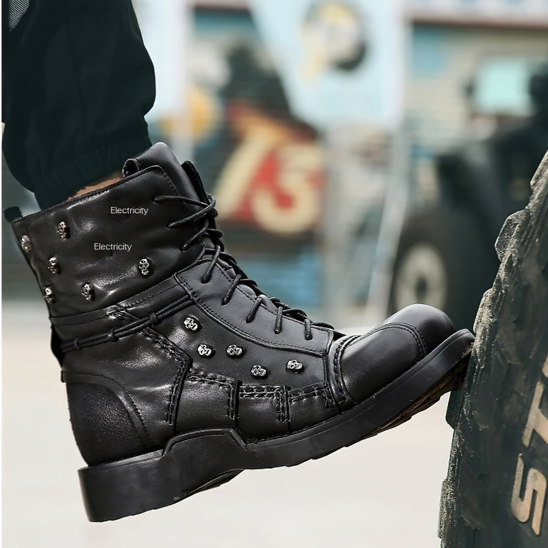 Motorcycle Men's Genuine Leather Boots / Military Combat Boots with Gothic Skulls