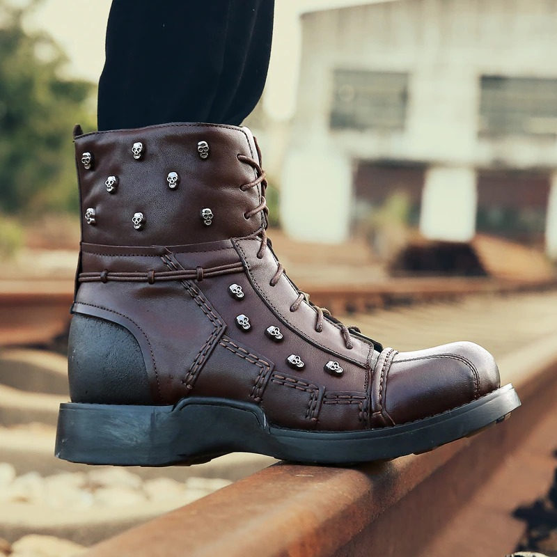 Motorcycle Men's Genuine Leather Boots / Military Combat Boots with Gothic Skulls