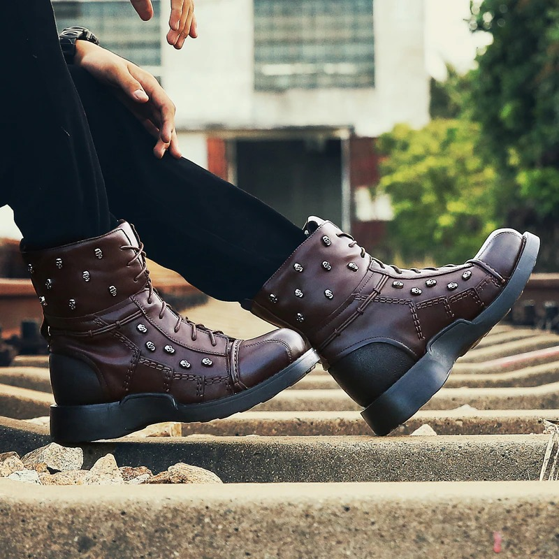 Motorcycle Men's Genuine Leather Boots / Military Combat Boots with Gothic Skulls