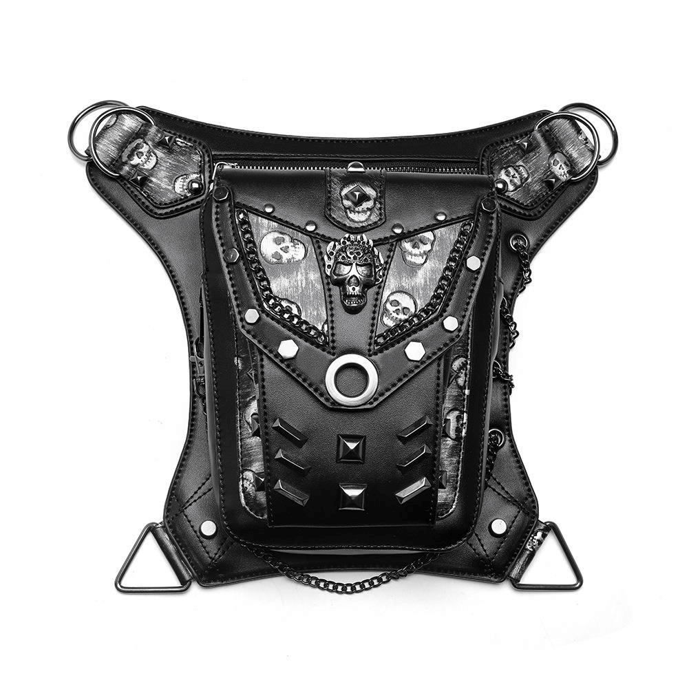 Motorcycle Rider Waist Bag with Skulls and Chain / Steampunk Accessories