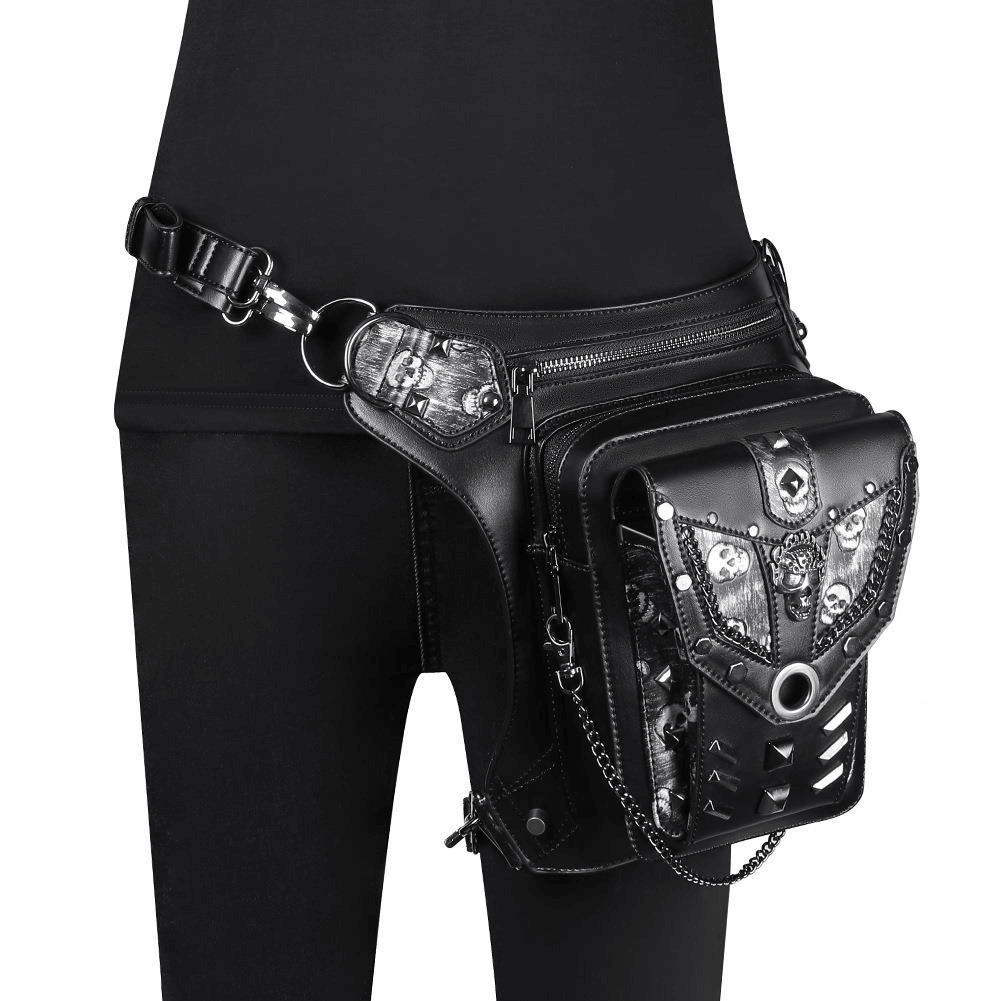 Motorcycle Rider Waist Bag with Skulls and Chain / Steampunk Accessories