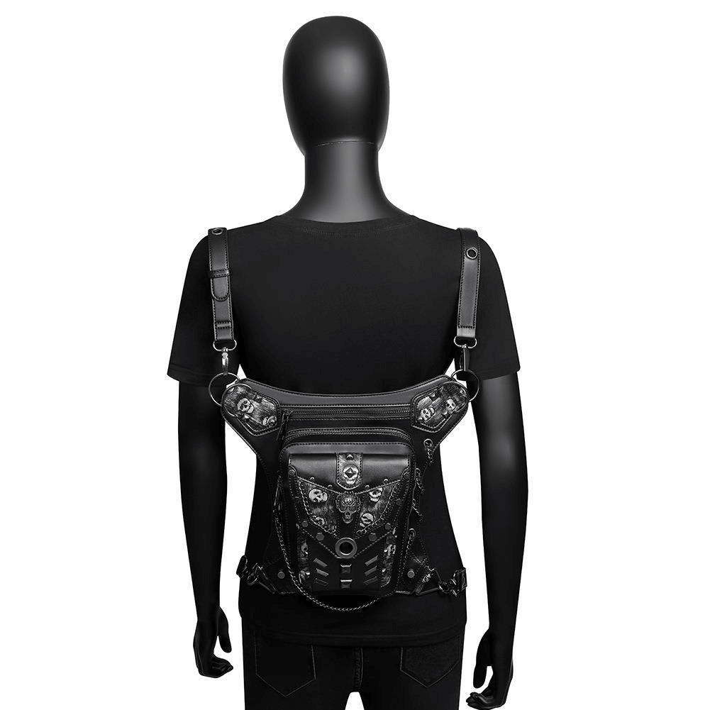 Motorcycle Rider Waist Bag with Skulls and Chain / Steampunk Accessories