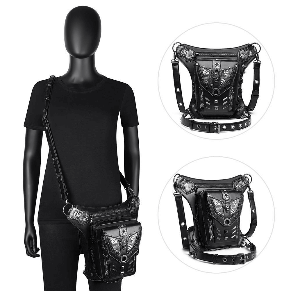 Motorcycle Rider Waist Bag with Skulls and Chain / Steampunk Accessories