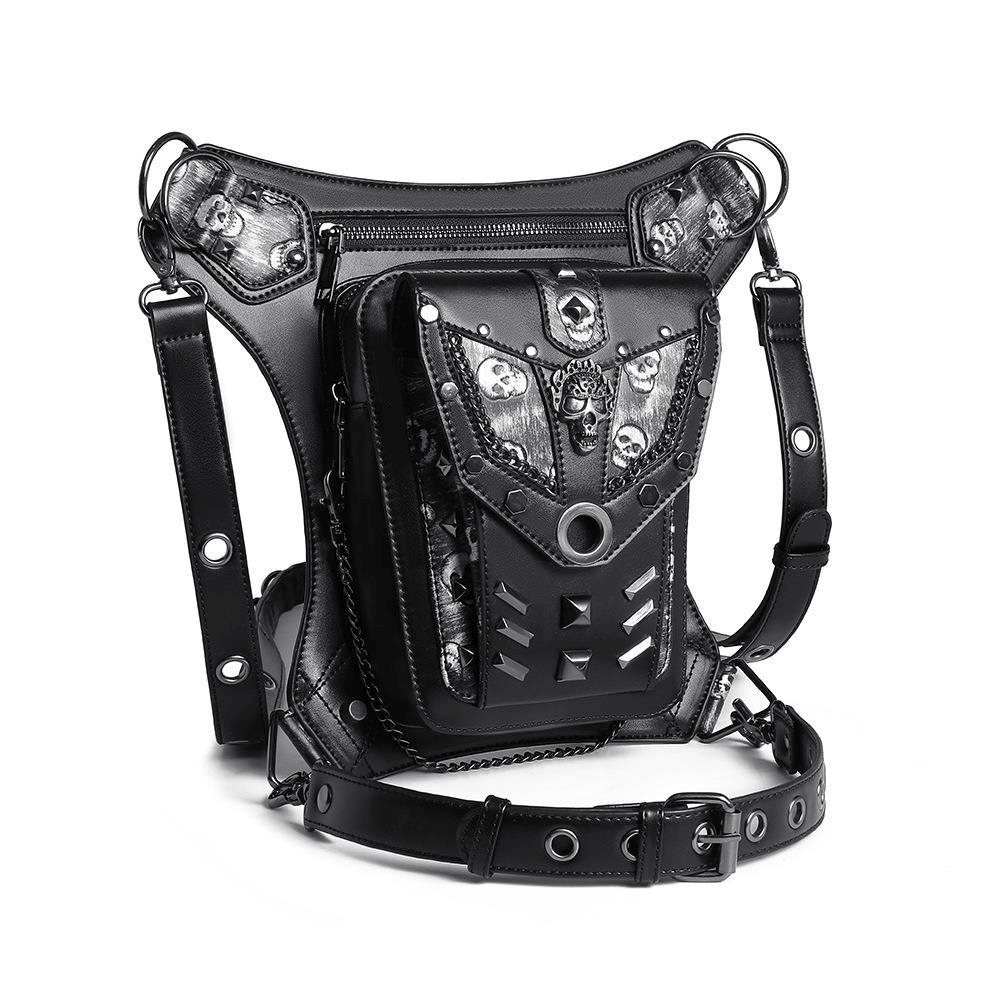 Motorcycle Rider Waist Bag with Skulls and Chain / Steampunk Accessories