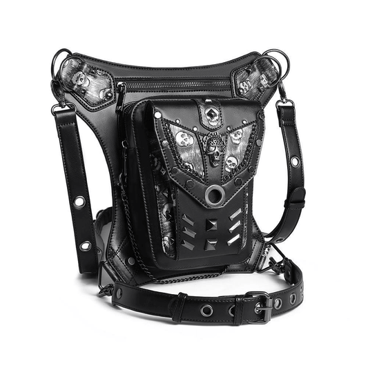 Motorcycle Rider Waist Bag with Skulls and Chain / Steampunk Accessories