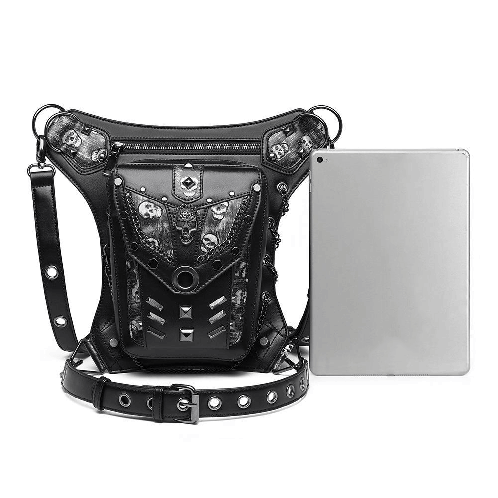 Motorcycle Rider Waist Bag with Skulls and Chain / Steampunk Accessories