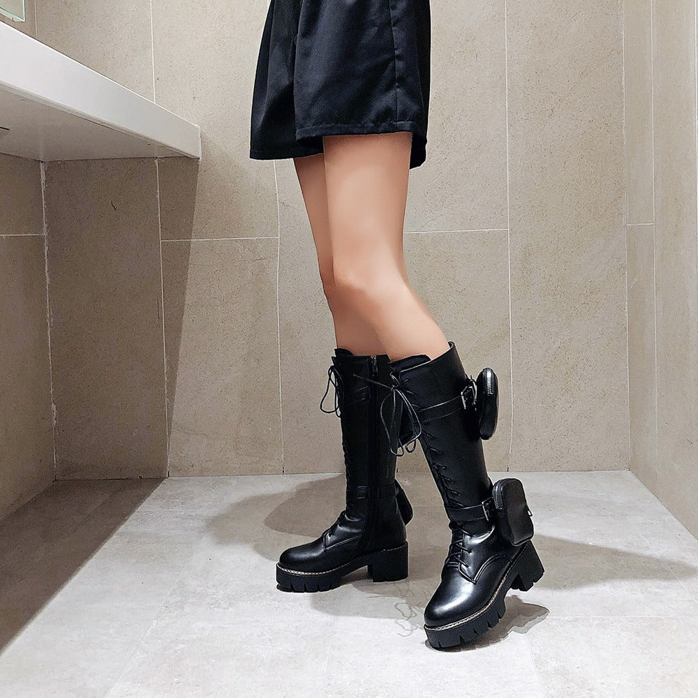 Motorcycle Womens Boots / Lace-Up Platform Shoes / Steampunk Fashion Thick-soled Shoes for Women