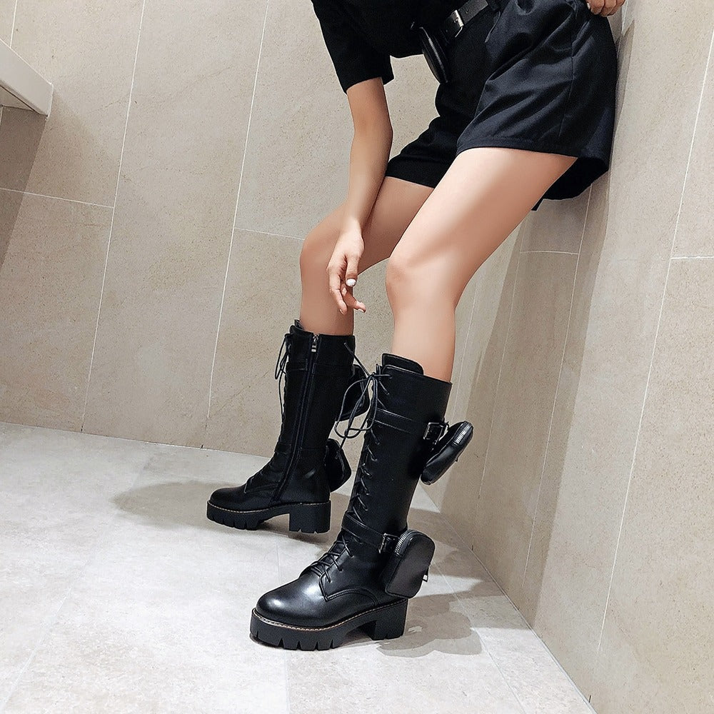 Motorcycle Womens Boots / Lace-Up Platform Shoes / Steampunk Fashion Thick-soled Shoes for Women