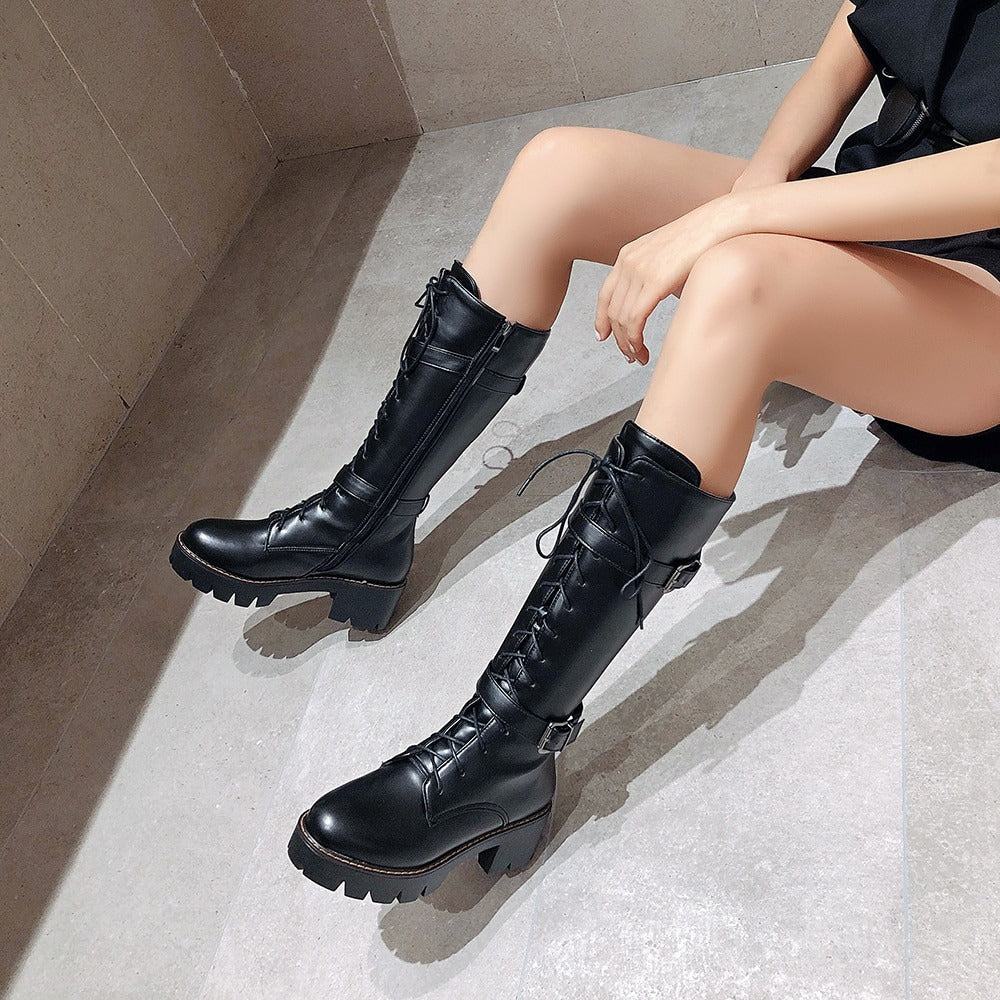 Motorcycle Womens Boots / Lace-Up Platform Shoes / Steampunk Fashion Thick-soled Shoes for Women