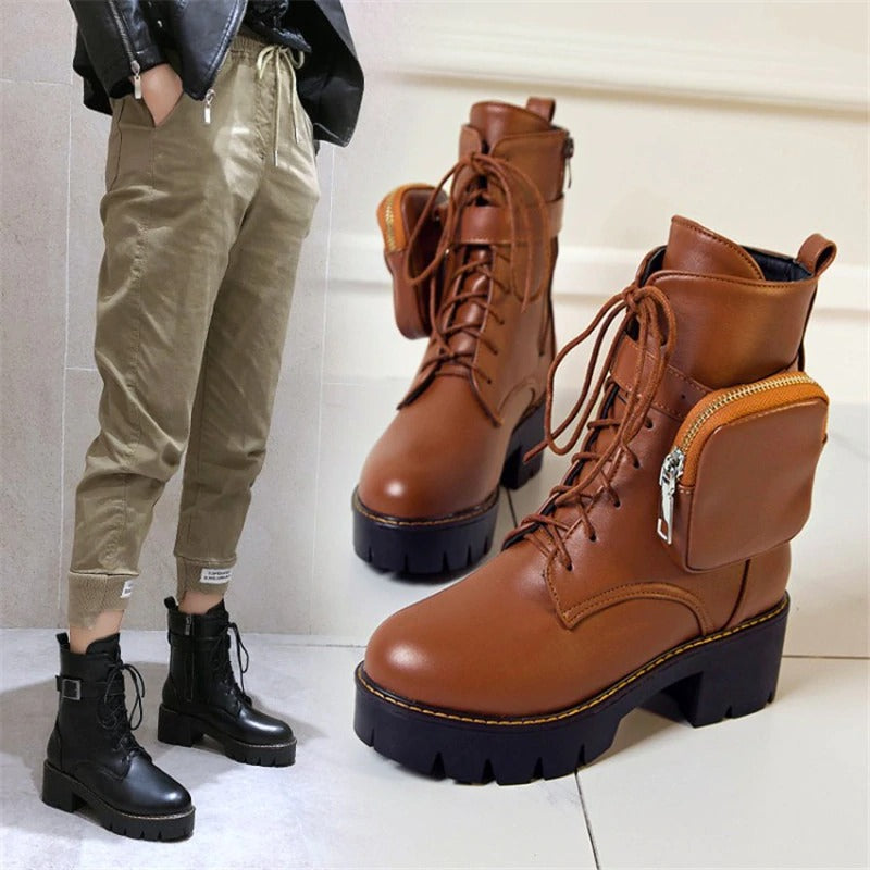 Motorcycle Womens Boots / Lace-Up Platform Shoes / Steampunk Fashion Thick-soled Shoes for Women