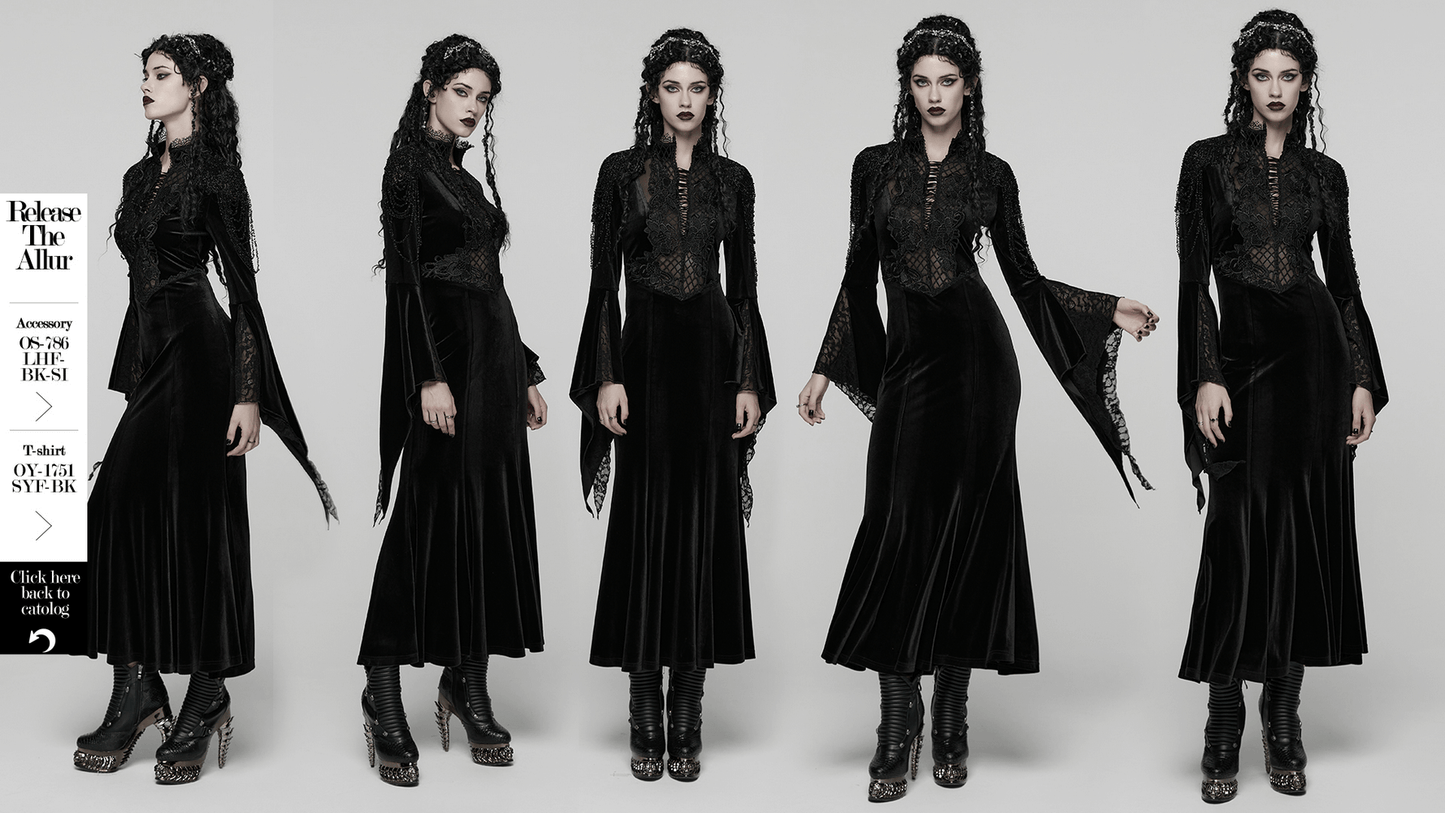 Mystery Long Black Velvet Lace Dress with Fishtail Hem