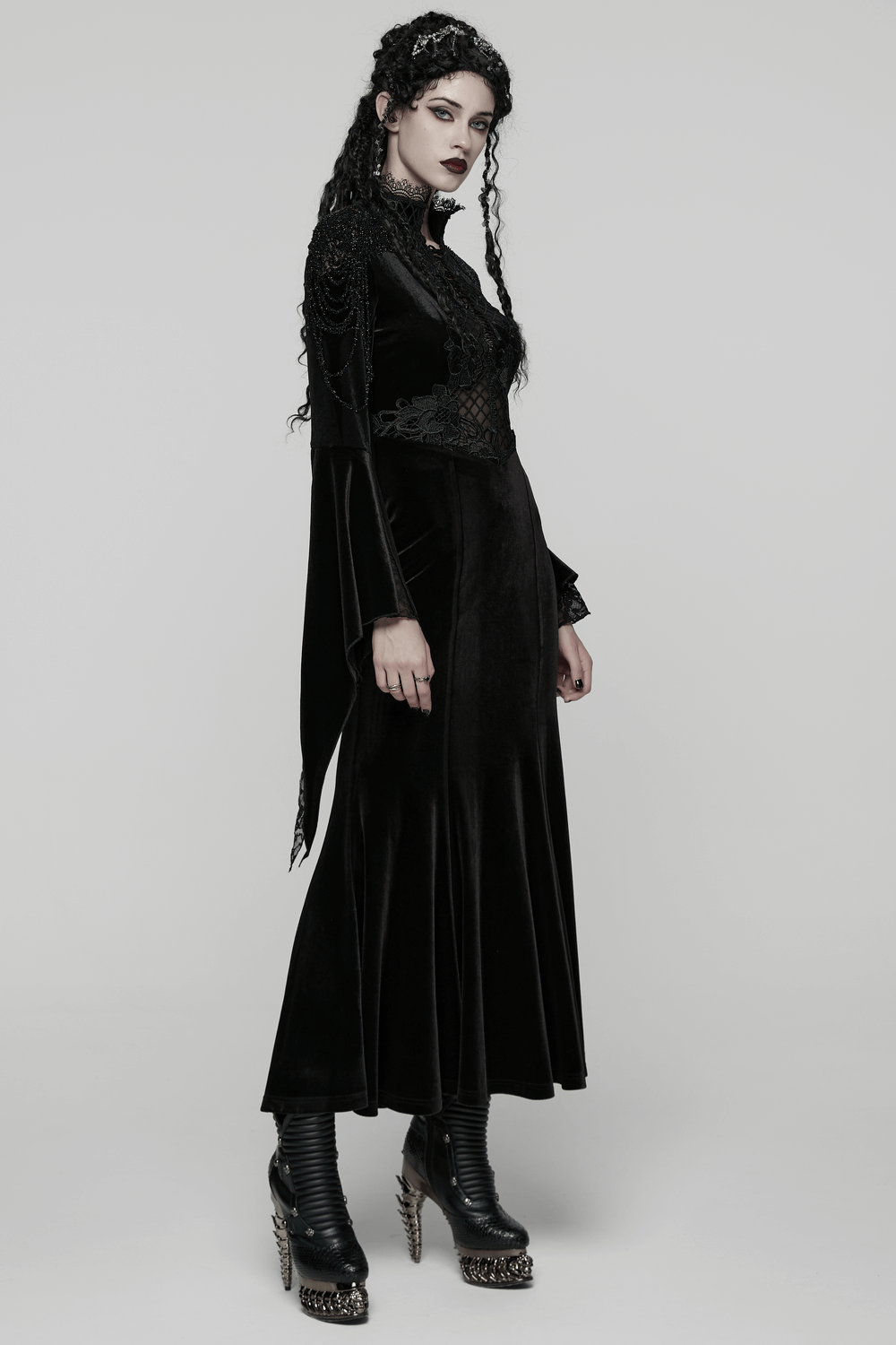 Mystery Long Black Velvet Lace Dress with Fishtail Hem
