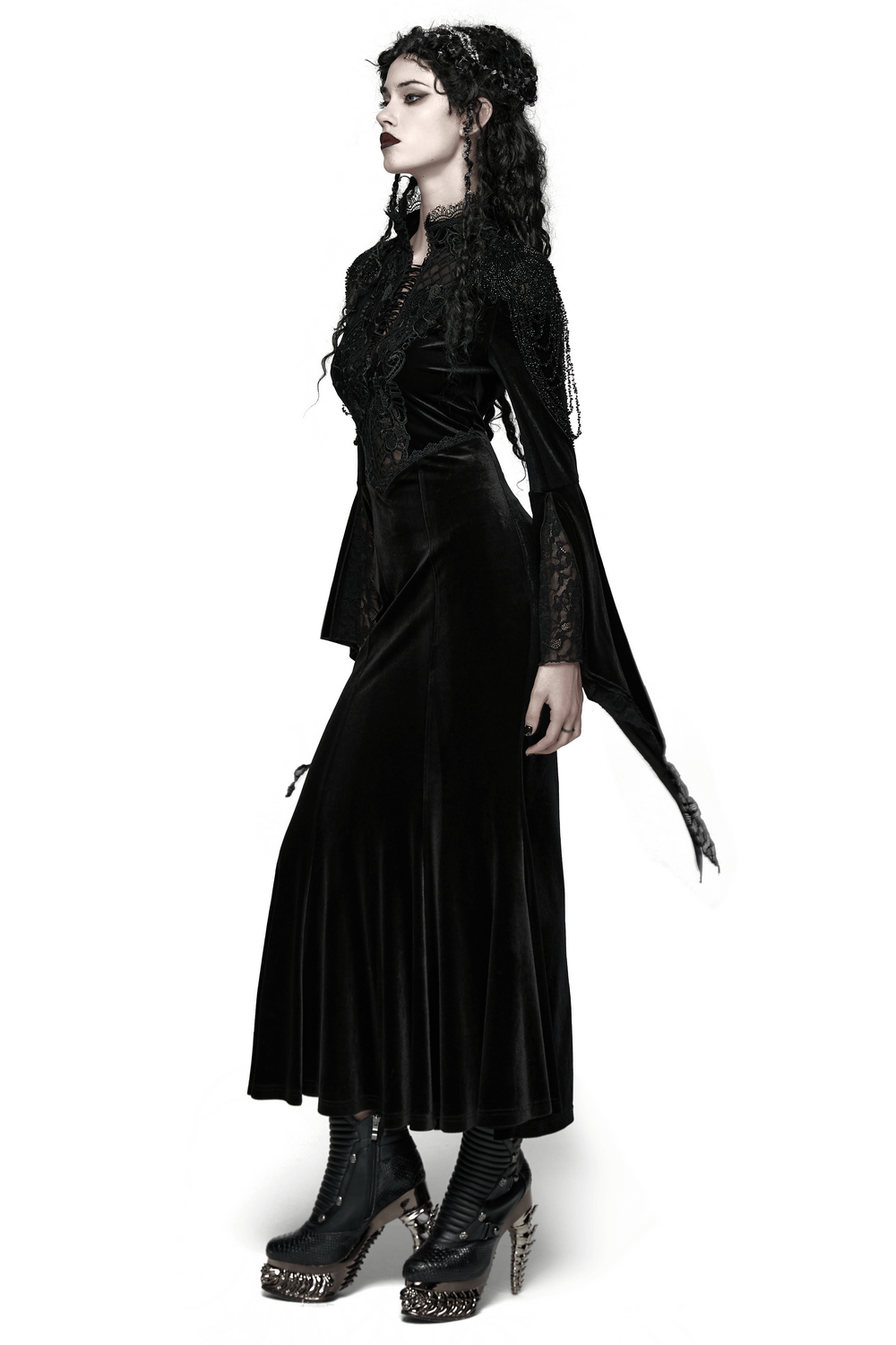 Mystery Long Black Velvet Lace Dress with Fishtail Hem