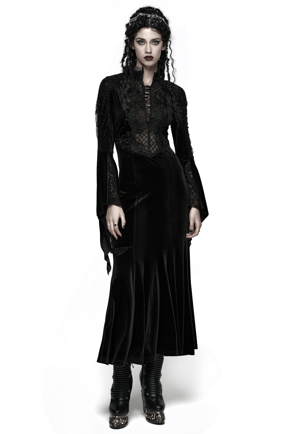 Mystery Long Black Velvet Lace Dress with Fishtail Hem