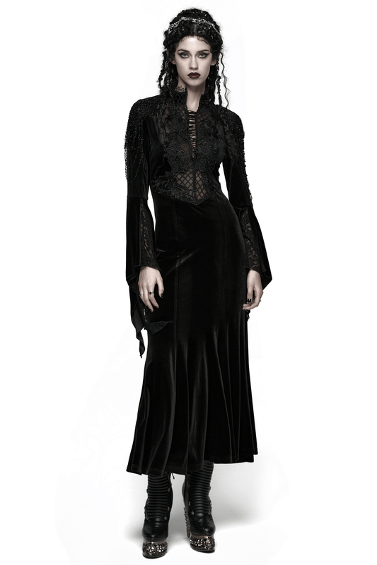 Mystery Long Black Velvet Lace Dress with Fishtail Hem