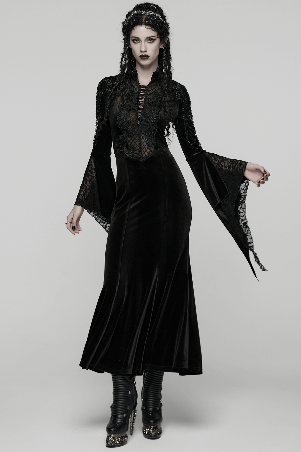 Mystery Long Black Velvet Lace Dress with Fishtail Hem