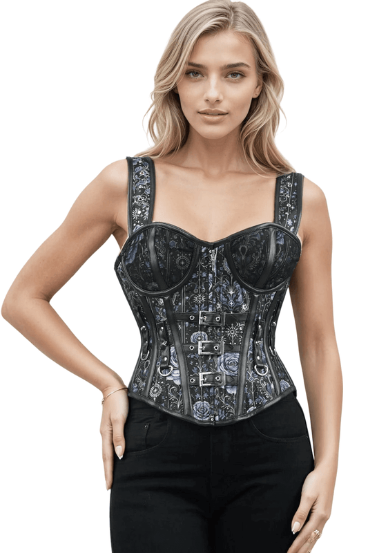 Mystical Floral Gothic Corset with Buckle Straps