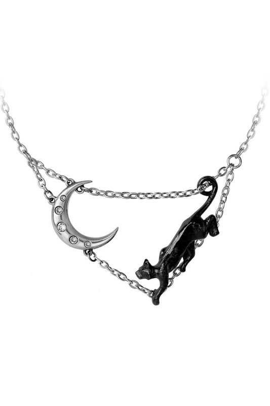Mystical Moon and Cat Necklace with Austrian Crystals