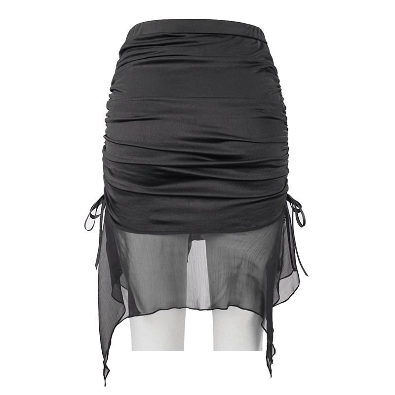 Narrow Gothic Skirt with Lace Border & Chiffon Flounce / Black Women's Beach Skirt