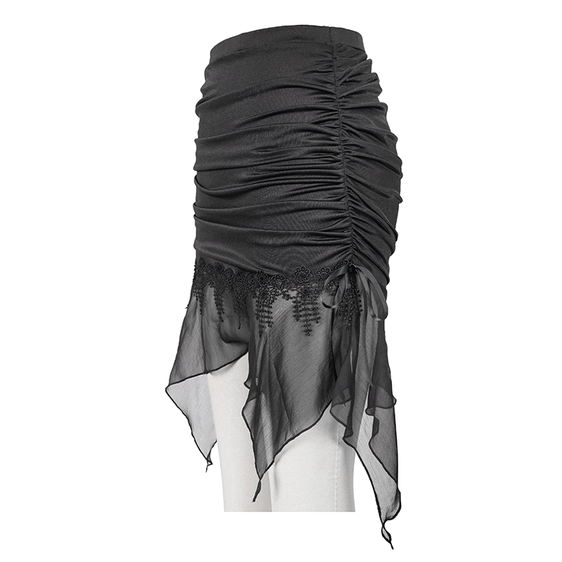 Narrow Gothic Skirt with Lace Border & Chiffon Flounce / Black Women's Beach Skirt