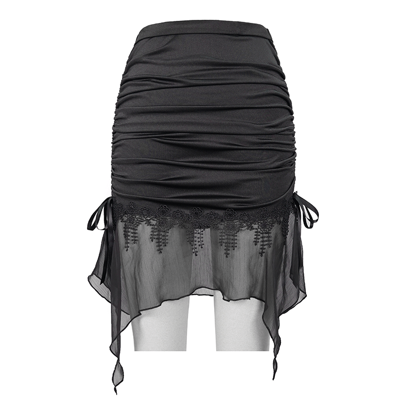 Narrow Gothic Skirt with Lace Border & Chiffon Flounce / Black Women's Beach Skirt