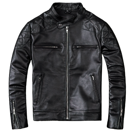 Natural Black Calfskin Leather Jacket For Men / Motorcycle Stylish Jackets