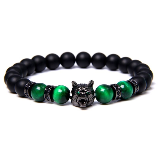 Natural Black Lava Stone Bracelet Wolf Charm / Elastic Jewelry with Animal Symbol