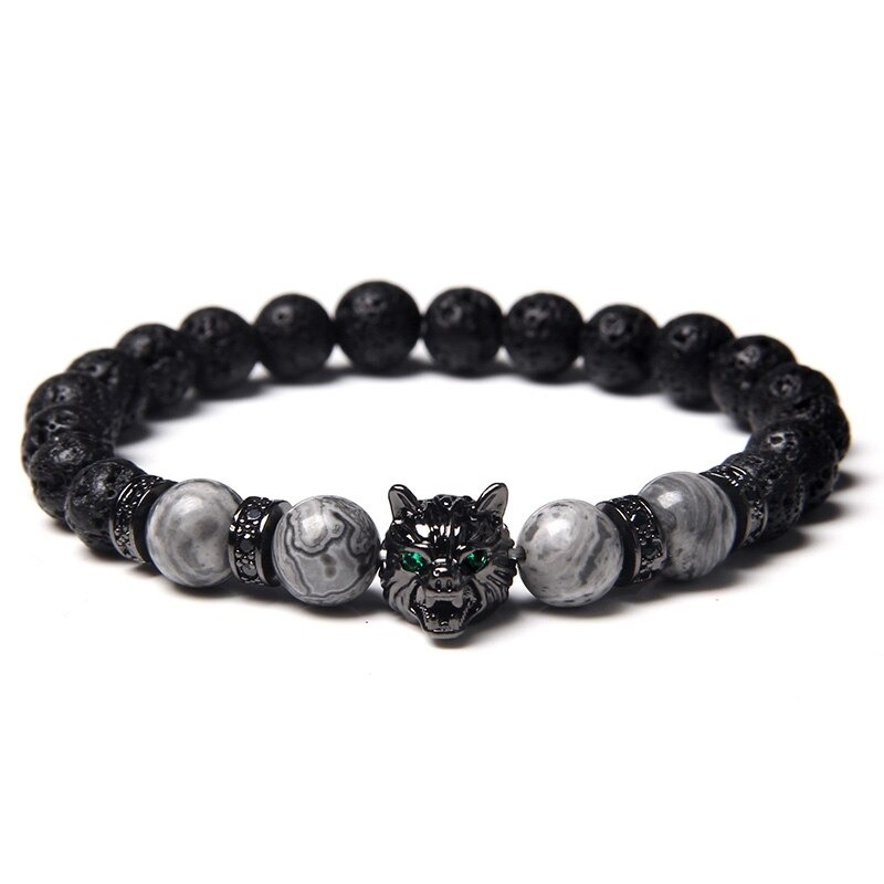 Natural Black Lava Stone Bracelet Wolf Charm / Elastic Jewelry with Animal Symbol