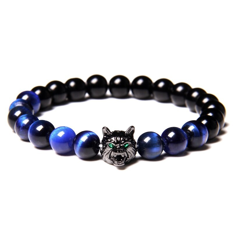 Natural Black Lava Stone Bracelet Wolf Charm / Elastic Jewelry with Animal Symbol