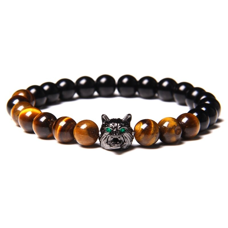 Natural Black Lava Stone Bracelet Wolf Charm / Elastic Jewelry with Animal Symbol