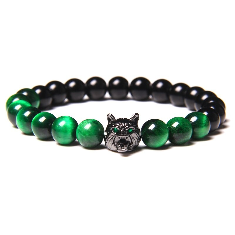 Natural Black Lava Stone Bracelet Wolf Charm / Elastic Jewelry with Animal Symbol