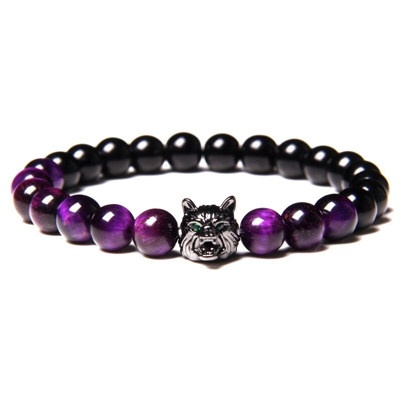 Natural Black Lava Stone Bracelet Wolf Charm / Elastic Jewelry with Animal Symbol