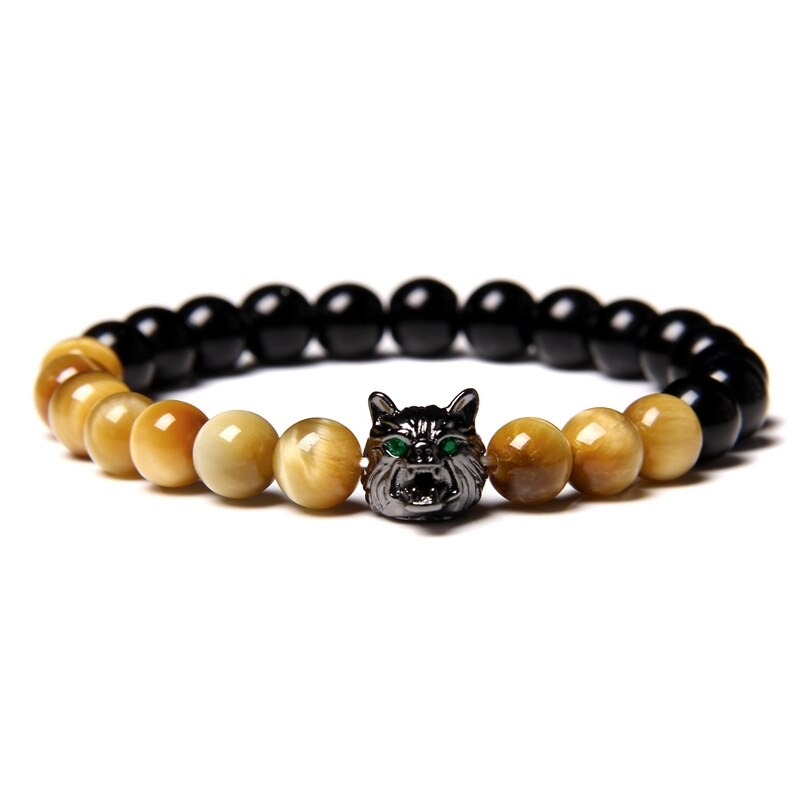 Natural Black Lava Stone Bracelet Wolf Charm / Elastic Jewelry with Animal Symbol