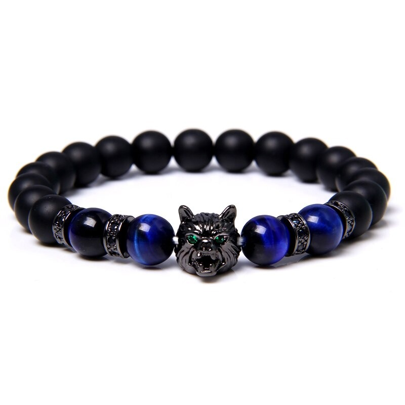 Natural Black Lava Stone Bracelet Wolf Charm / Elastic Jewelry with Animal Symbol