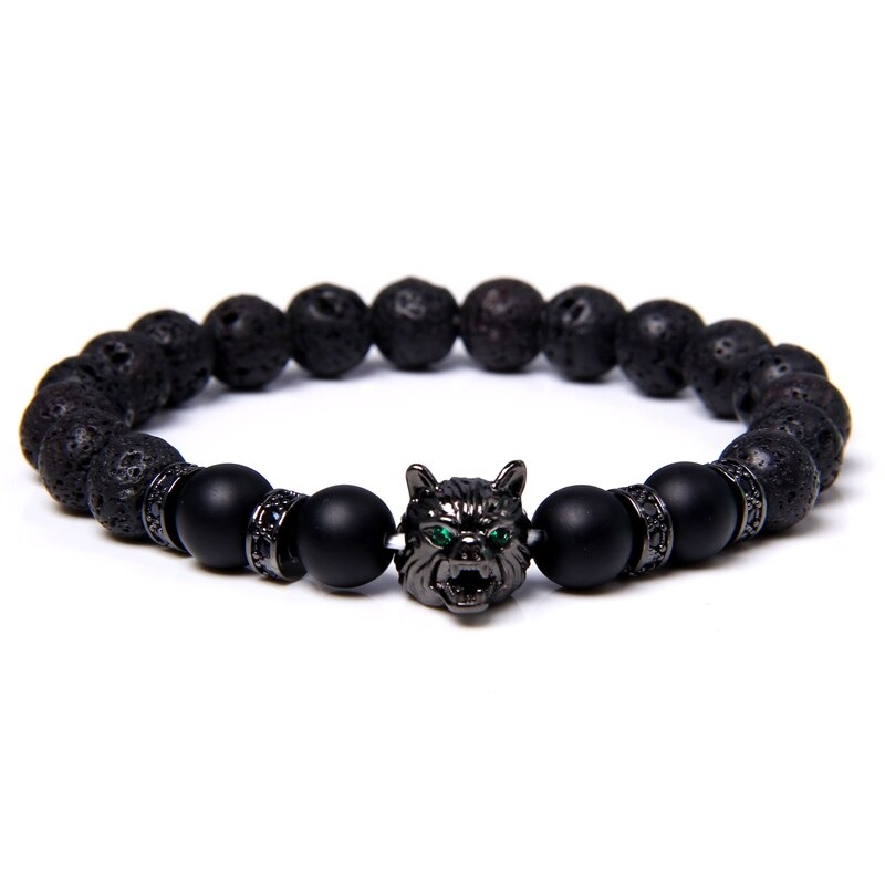 Natural Black Lava Stone Bracelet Wolf Charm / Elastic Jewelry with Animal Symbol