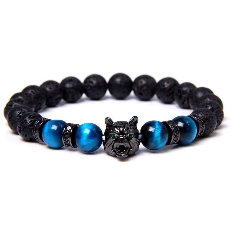Natural Black Lava Stone Bracelet Wolf Charm / Elastic Jewelry with Animal Symbol