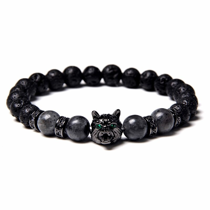 Natural Black Lava Stone Bracelet Wolf Charm / Elastic Jewelry with Animal Symbol