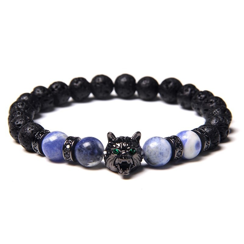 Natural Black Lava Stone Bracelet Wolf Charm / Elastic Jewelry with Animal Symbol