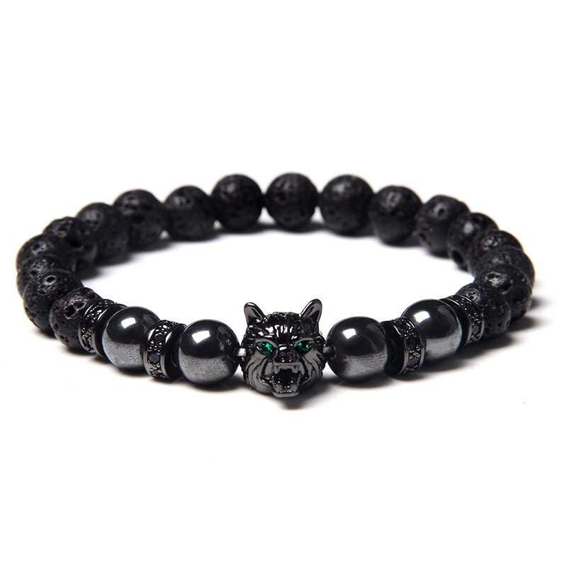 Natural Black Lava Stone Bracelet Wolf Charm / Elastic Jewelry with Animal Symbol