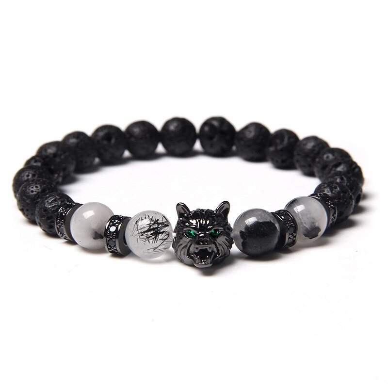 Natural Black Lava Stone Bracelet Wolf Charm / Elastic Jewelry with Animal Symbol