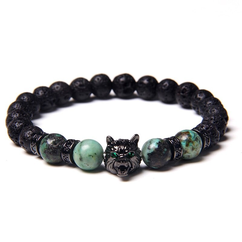 Natural Black Lava Stone Bracelet Wolf Charm / Elastic Jewelry with Animal Symbol