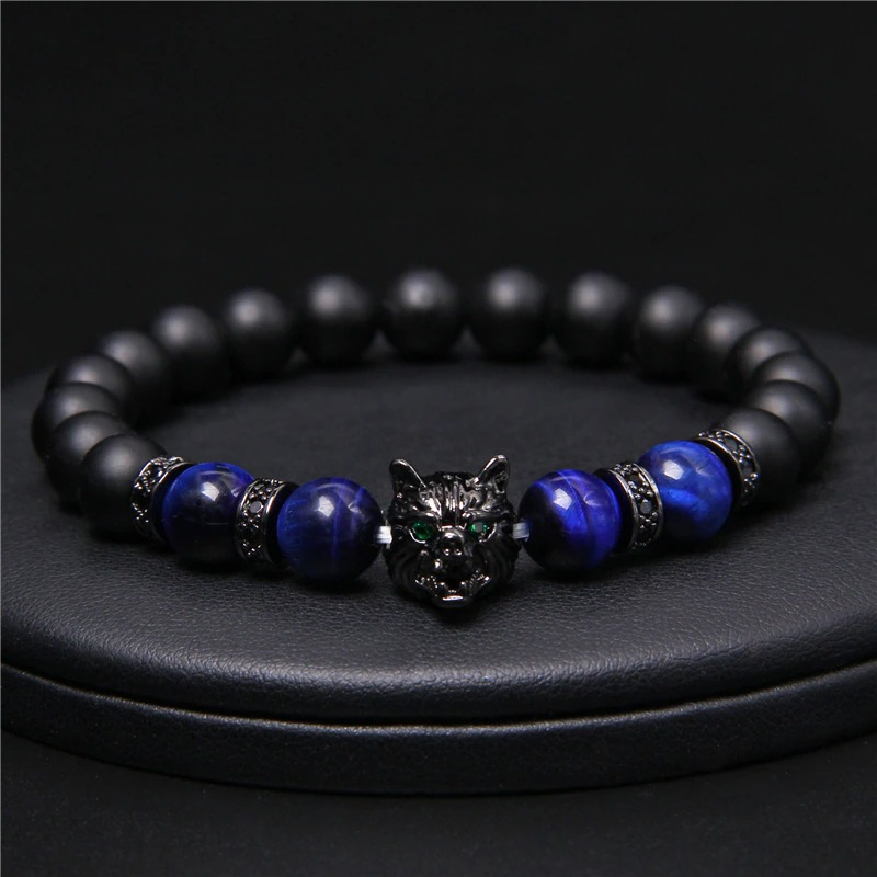 Natural Black Lava Stone Bracelet Wolf Charm / Elastic Jewelry with Animal Symbol