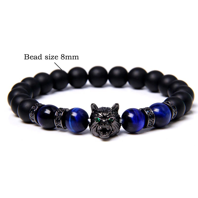 Natural Black Lava Stone Bracelet Wolf Charm / Elastic Jewelry with Animal Symbol