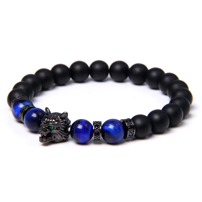Natural Black Lava Stone Bracelet Wolf Charm / Elastic Jewelry with Animal Symbol